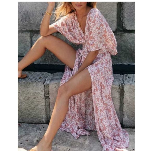 Boho Floral Print Plunging Neck Split Thigh Maxi Dress - Picture 2 of 6